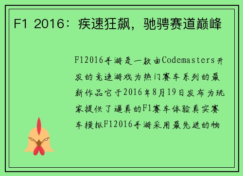 F1 2016：疾速狂飙，驰骋赛道巅峰